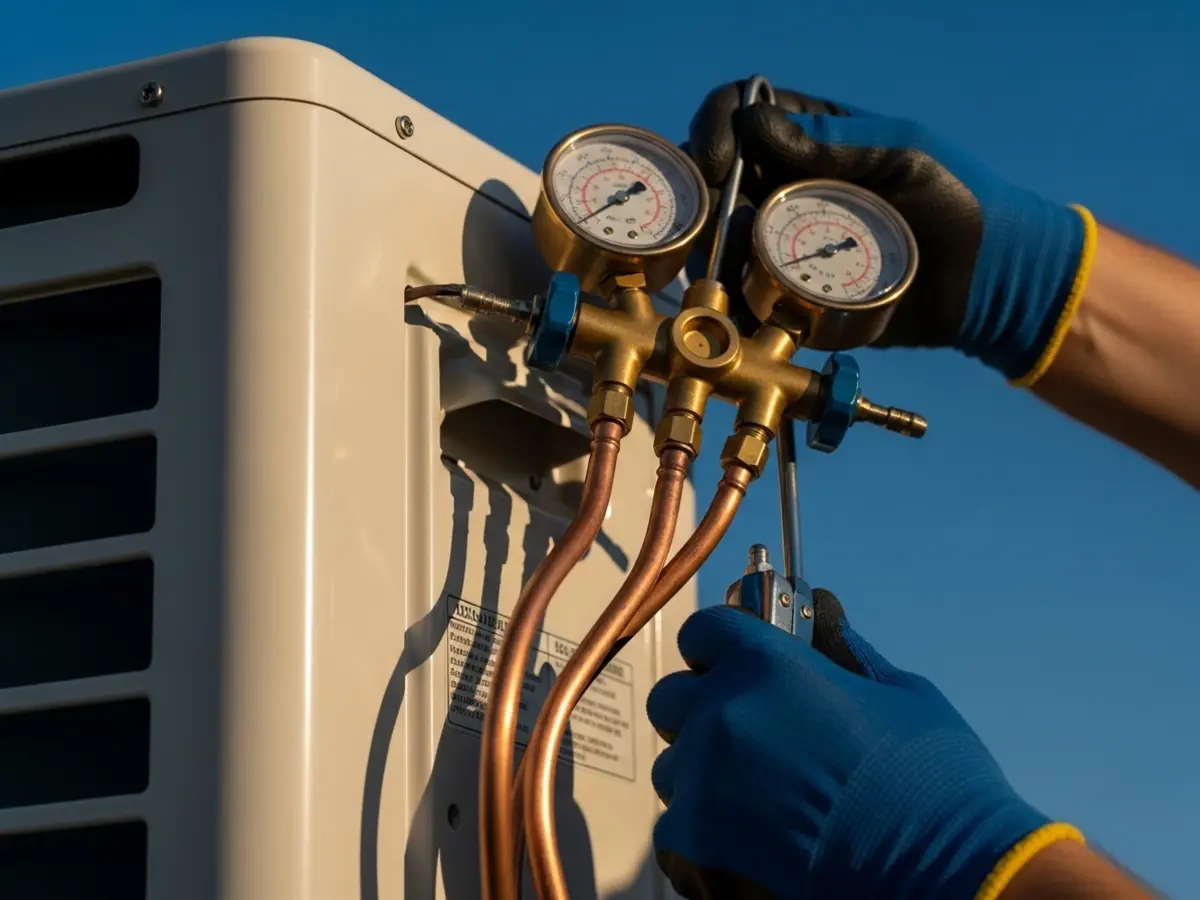 Closeup of a technician's gloved hands connecting a manifold gauge to the copper refrigerant line of a modern mini-split outdoor unit, set against a background of deep blue sky and cream-white casing.
