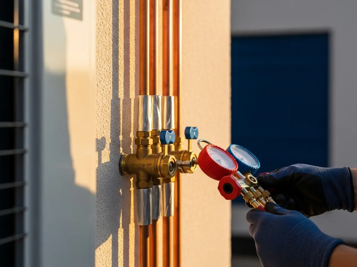 A detailed, professional closeup of a modern outdoor AC unit's brass refrigerant service valves and clean copper line sets. A technician's gloved hands are shown precisely connecting a manifold gauge. The scene is bathed in soft golden hour sunlight, highlighting the polished metal and insulated lines against a warm cream wall, with subtle deep blue elements in the background.