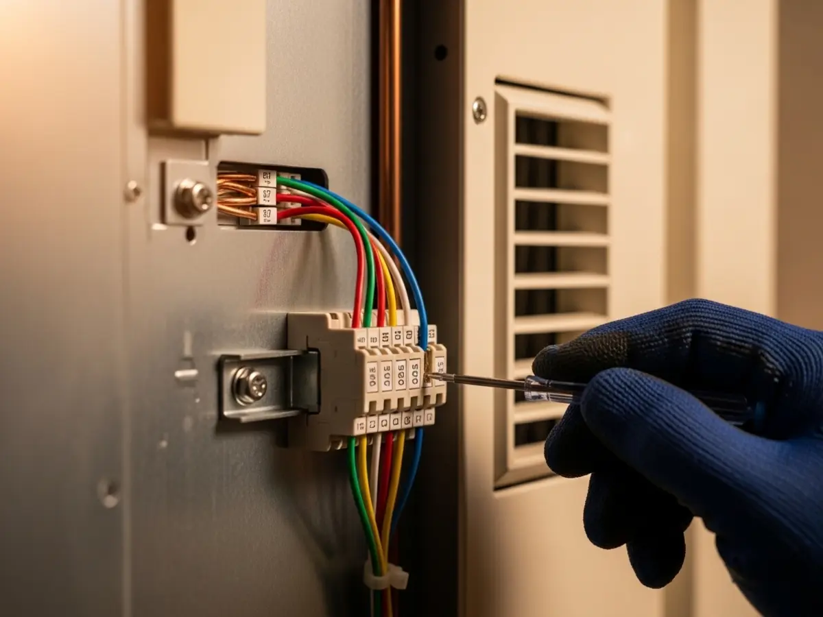 A professional close-up image showing a gloved hand precisely connecting color-coded thermostat wires to the terminal block of a modern, high-efficiency HVAC air handler's control panel. The intricate wiring and clean internal components are illuminated by warm, natural light, emphasizing a high-quality installation.