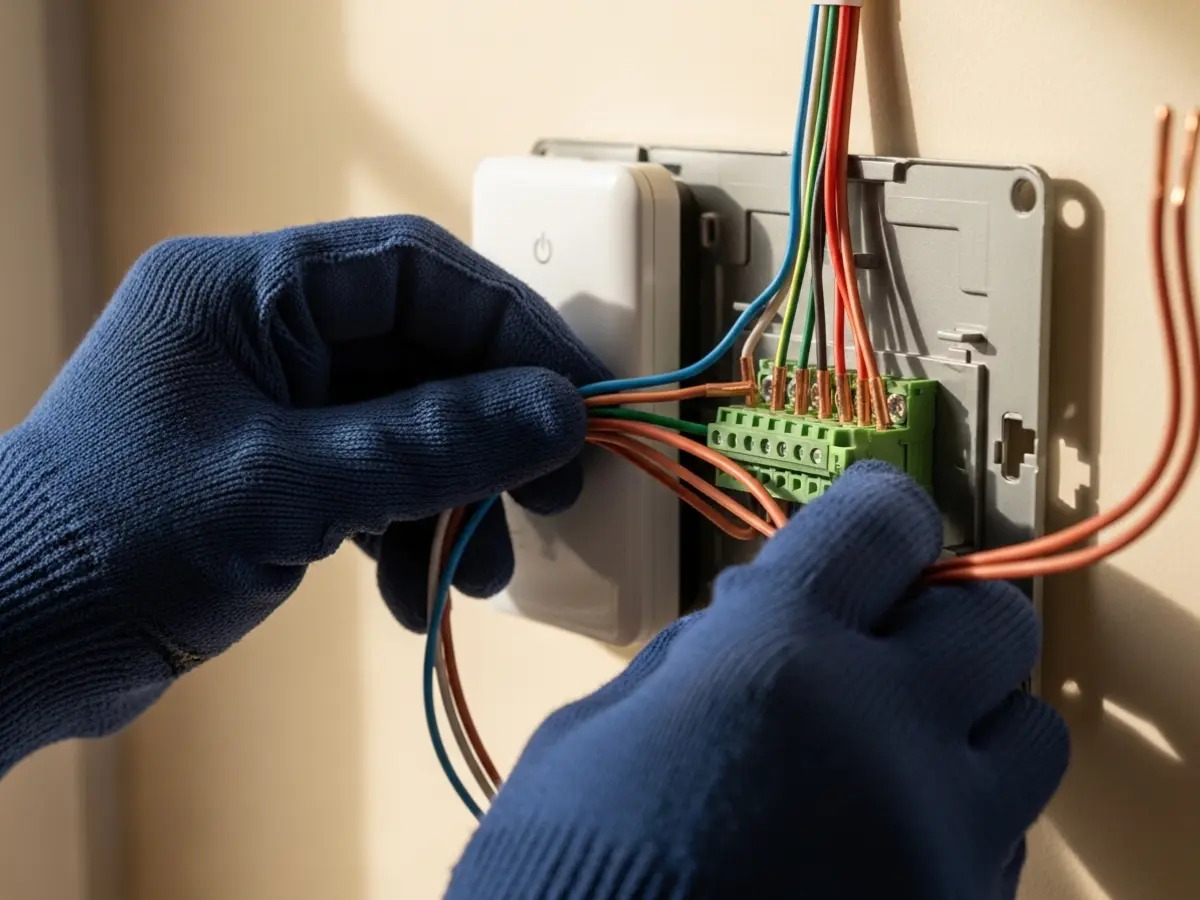 A detailed, professional closeup of a navy-gloved hand meticulously installing and wiring a modern, sleek smart thermostat onto a warm cream wall, illuminated by soft natural light. The image highlights precise technical work and quality connections.