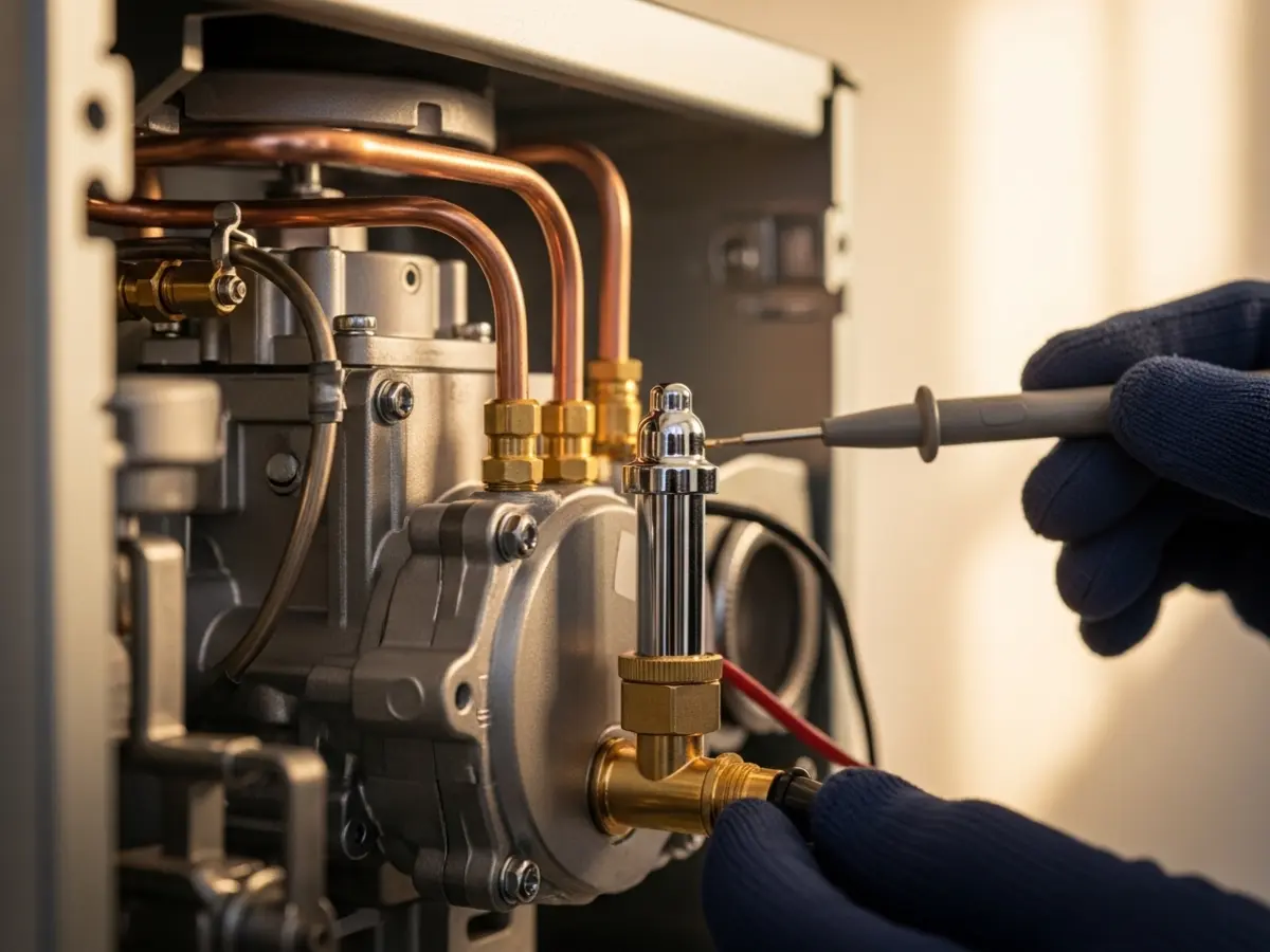 A close-up, professional photograph showing the internal components of a modern wall heater. A technician's deep navy gloved hands are visible, performing a diagnostic check on a brass thermocouple near a gas valve and copper lines. The scene is illuminated by warm, natural light against a cream-colored wall.