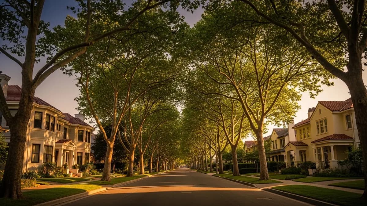 A beautiful, sun-drenched street in East Sacramento, California, showcasing elegant early 20th-century homes under a canopy of mature trees during golden hour. The scene features cream-colored architecture, terracotta roofs, and a sky blending deep blues with warm creams and rust tones.