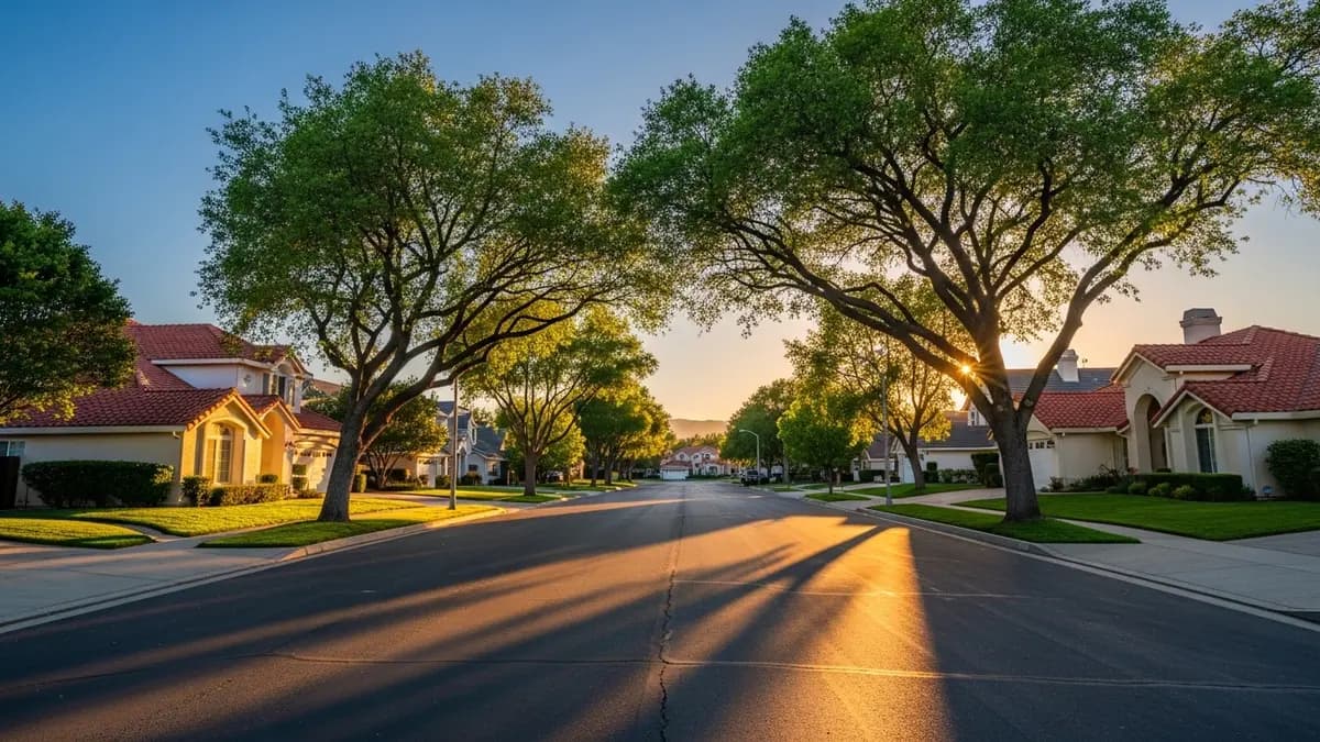 A picturesque, sunlit street in Foothill Farms, California, at golden hour, featuring mature oak trees and well-maintained homes with cream facades and terracotta tile roofs under a deep blue and golden sky.