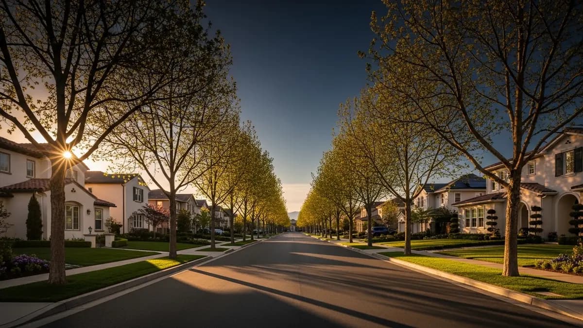 A serene, sun-drenched residential street in Mather, CA, captured during golden hour. Elegant homes with cream facades and terracotta roofs line the street, framed by mature trees under a deep blue sky. The scene evokes peaceful suburban living with warm, natural light.