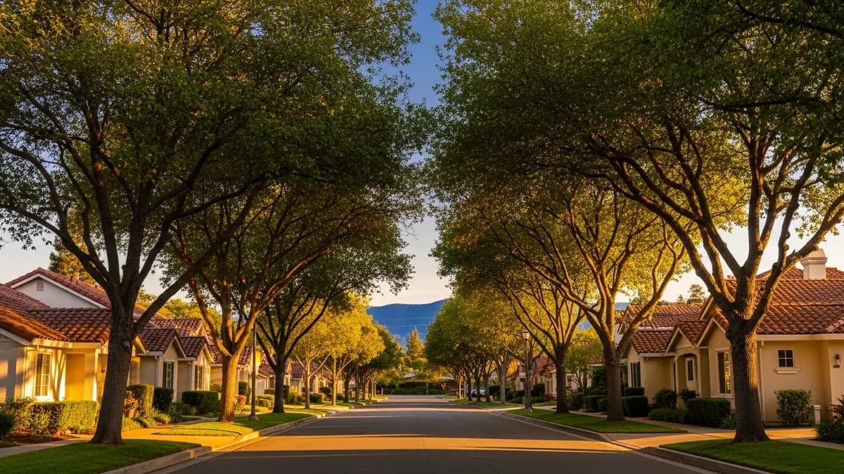 A peaceful, sunlit residential street in Orangevale, California, at golden hour. Mature oak trees canopy the street, with charming cream-colored homes featuring terracotta roofs visible through the foliage. The scene is bathed in warm, natural light, highlighting the tranquil suburban landscape and rich, deep blue tones in the sky.
