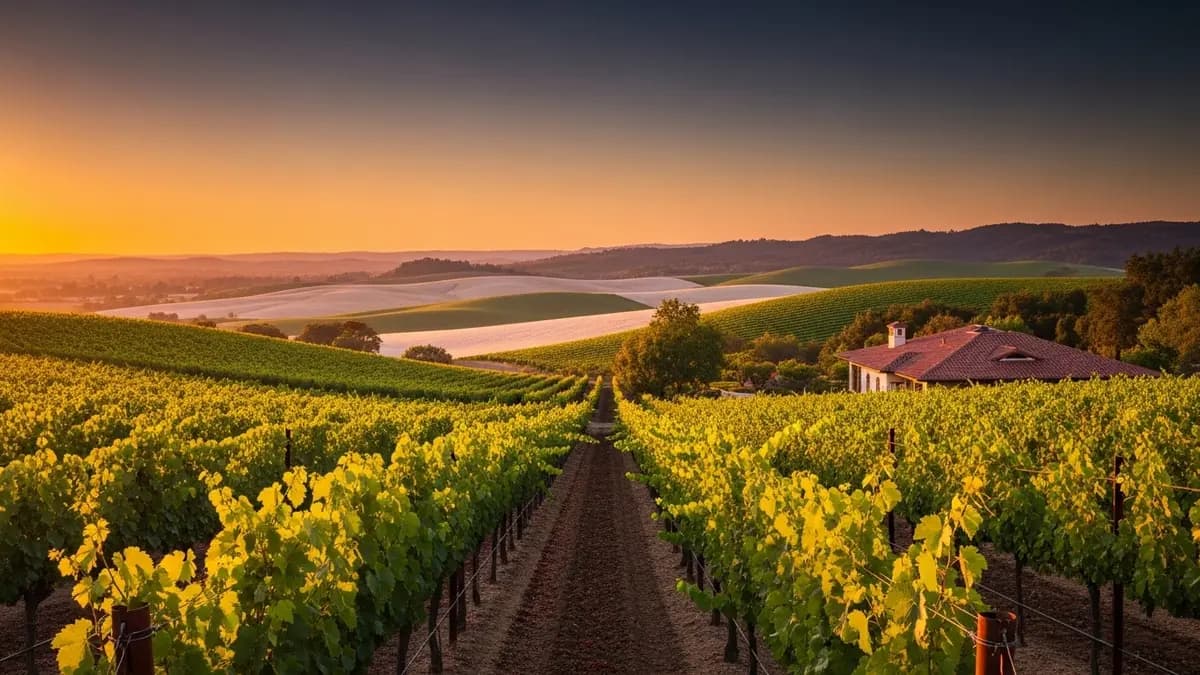A beautiful, sun-drenched landscape photograph of mature vineyards in Vineyard, California, under a deep blue and golden hour sky, stretching towards distant rolling hills.
