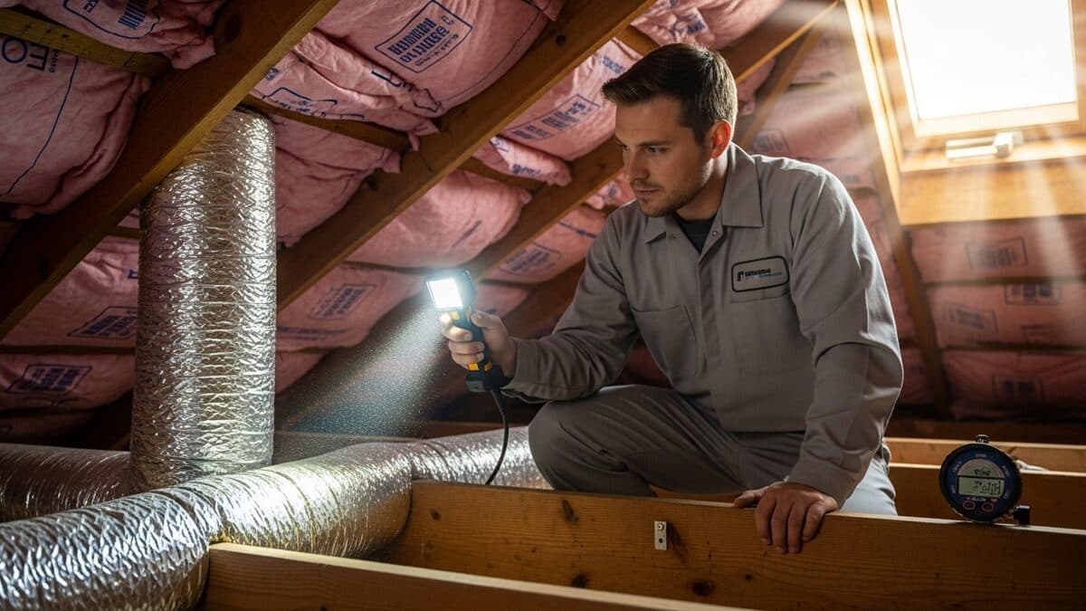 HVAC technician inspecting a loose, leaking flex-duct connection in a hot Sacramento attic during a summer heat wave