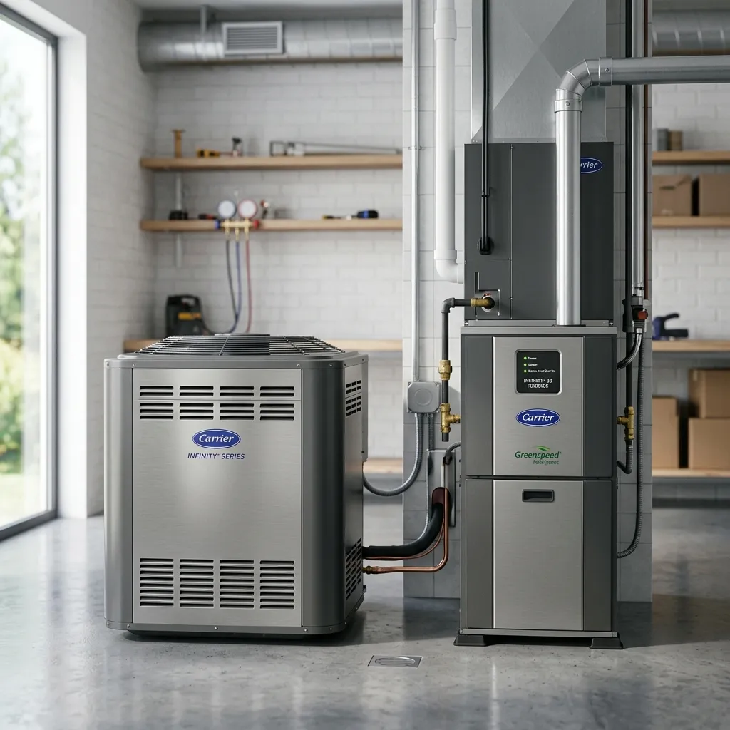 A premium modern home air conditioning condenser unit and furnace, with clean metallic finishes, standing in a brightly lit modern utility room.
