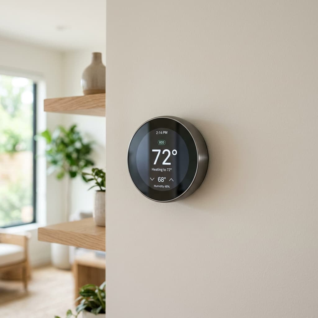 A sleek modern smart thermostat installed on a clean neutral wall in a bright modern home showing temperature settings.