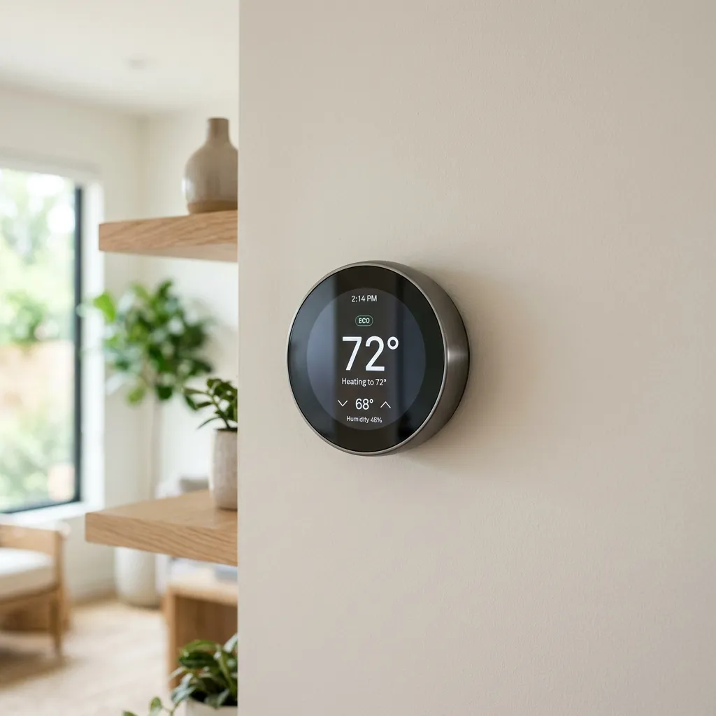 A sleek modern smart thermostat installed on a clean neutral wall in a bright modern home showing temperature settings.