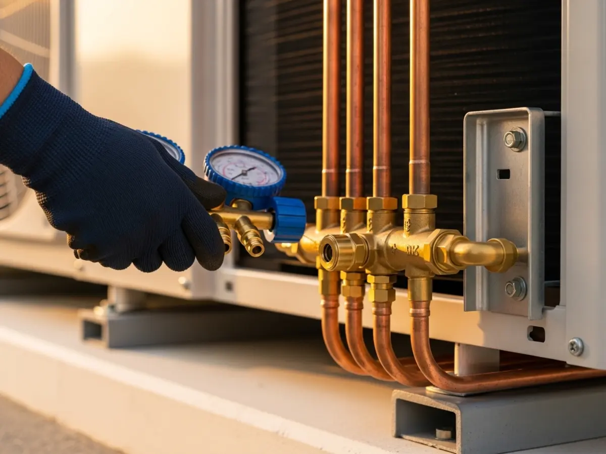 Closeup of a technician's deep navy gloved hand connecting a manifold gauge to a modern AC condenser unit, highlighting gleaming copper lines and brass valves under warm sunlight, symbolizing professional AC repair.