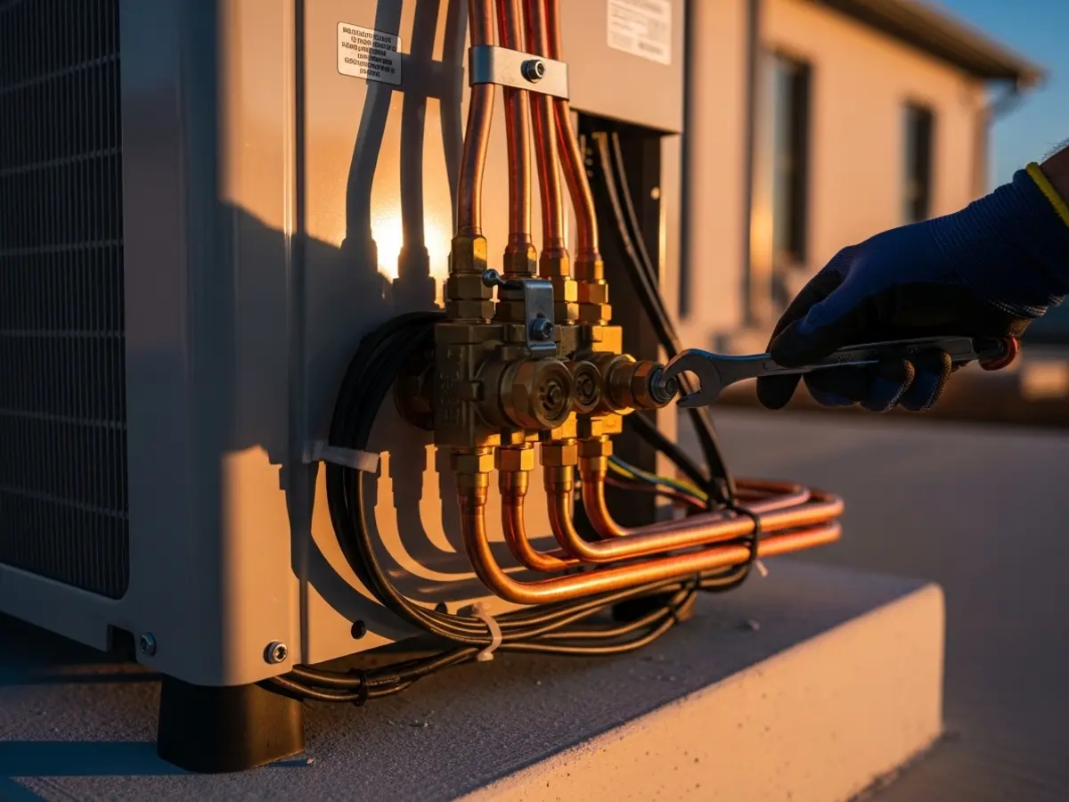 A detailed closeup photograph showing a gloved hand performing a precise adjustment on the brass service valve of a newly installed, modern outdoor air conditioning condenser unit. The image features warm golden hour lighting, highlighting the clean copper lines and brushed metal textures, set against a cream wall and subtle blue sky.