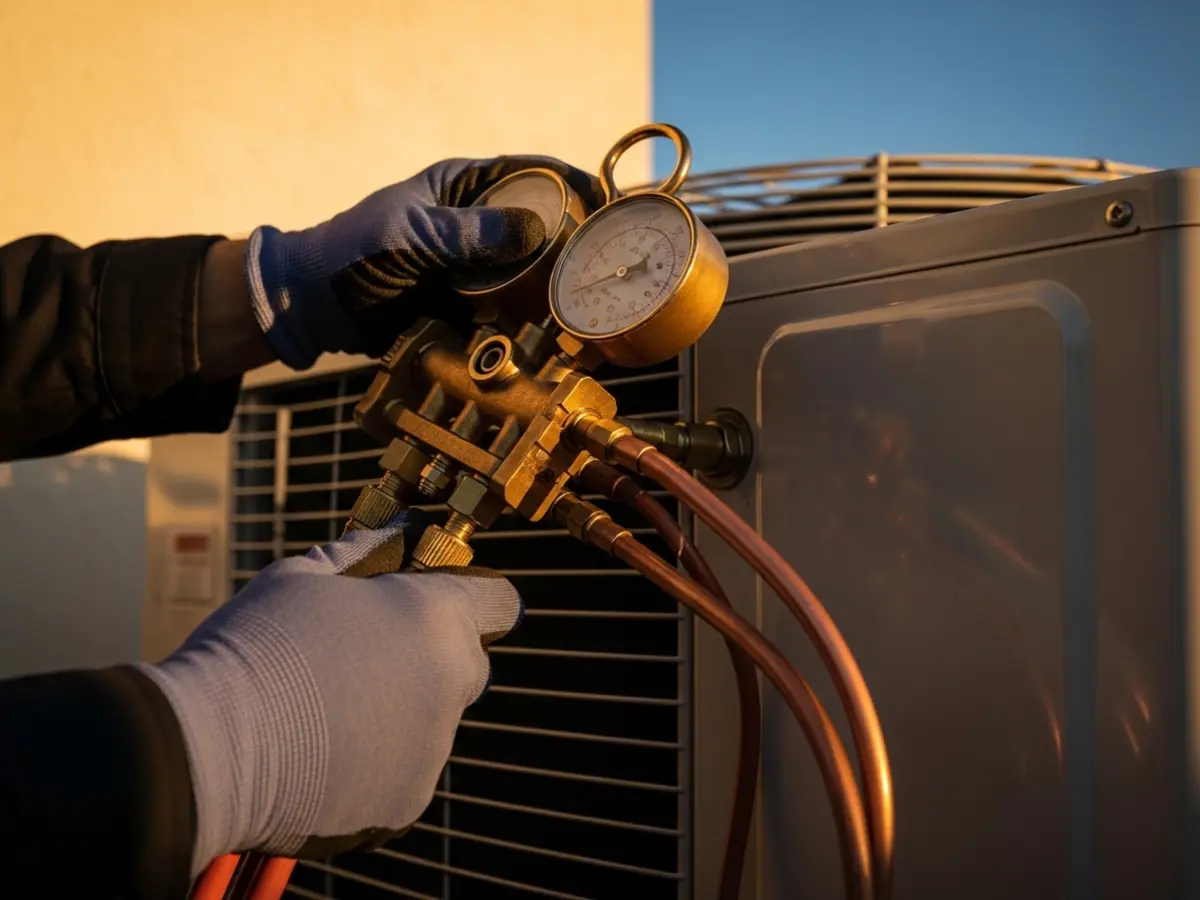 Closeup shot of a professional HVAC technician's gloved hands connecting a brass manifold gauge to a modern outdoor air conditioning unit, with copper lines visible against a warm cream wall and deep blue sky, under golden hour lighting.