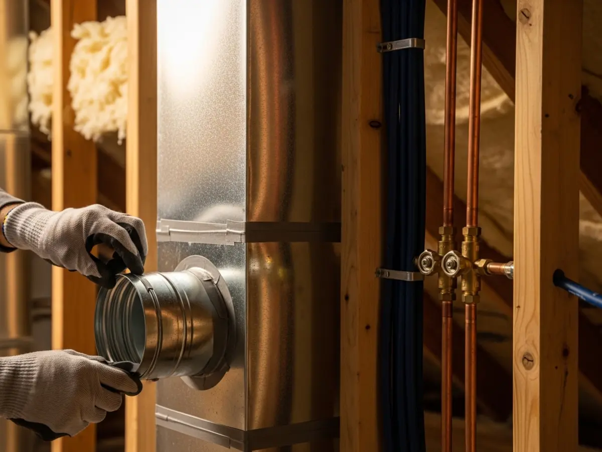 A close-up photograph showing a section of newly installed, sealed galvanized steel ductwork within an attic or crawlspace, with new copper refrigerant lines, brass valves, and electrical conduit visible, and a pair of gloved hands performing installation work.