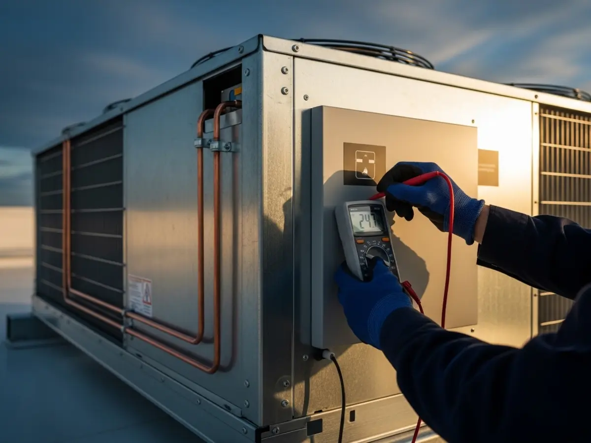 A detailed closeup of a modern commercial rooftop HVAC unit (RTU) at golden hour. A technician's gloved hands are visible performing a diagnostic check with a multimeter on the control panel. The galvanized steel and copper lines are illuminated by warm sunlight, set against a deep blue sky, representing professional commercial HVAC service.
