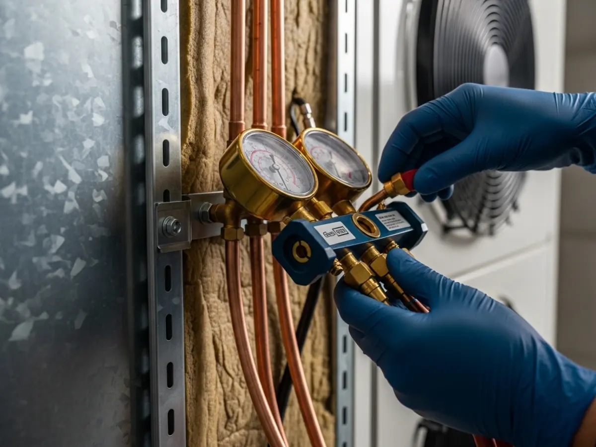 A close-up of a technician's gloved hands performing a diagnostic check on modern commercial HVAC equipment, showcasing clean copper lines, brass fittings, and galvanized steel components under soft, natural lighting.