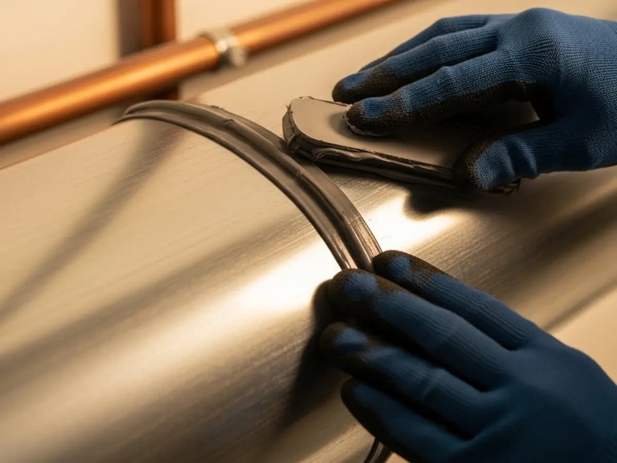 A professional closeup photograph showing a gloved hand applying grey mastic sealant to a clean, modern galvanized HVAC duct joint, illuminated by warm natural light.