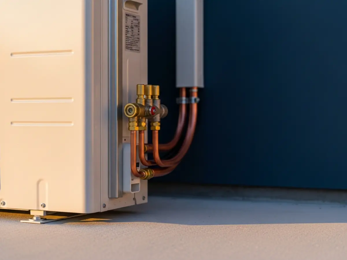 Professional closeup image of a modern ductless mini-split outdoor condenser unit, showcasing gleaming copper refrigerant lines and brass service valves. The system is immaculately installed on a clean pad, highlighted by warm, natural sunlight, representing PULSE HVAC's high-quality installation and cooling technology.