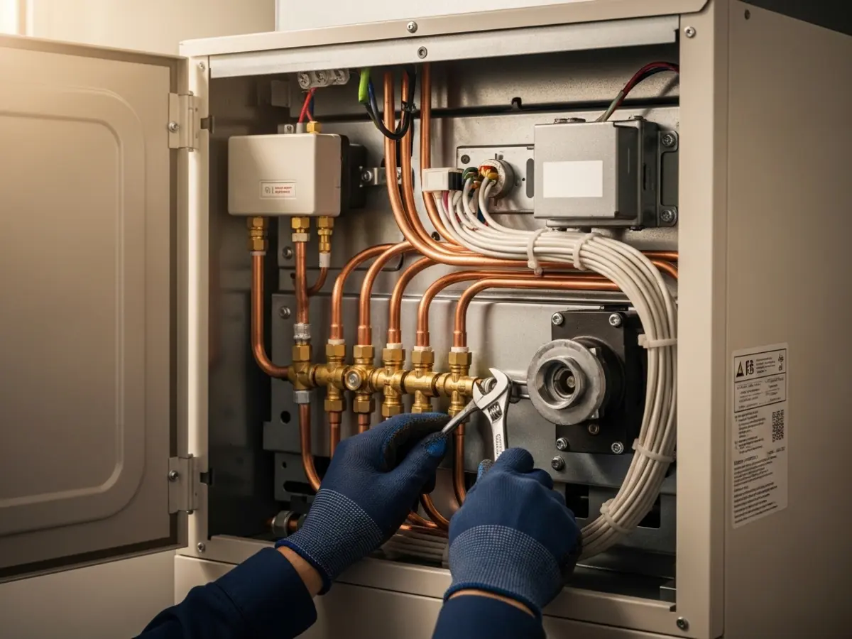 A professional, close-up photograph of the interior components of a modern, high-efficiency gas furnace. The image highlights clean copper gas lines, brass fittings, and neatly bundled electrical wiring against galvanized steel. A pair of navy blue gloved hands is shown making a precise connection, bathed in soft, warm natural light, emphasizing a high-quality installation.