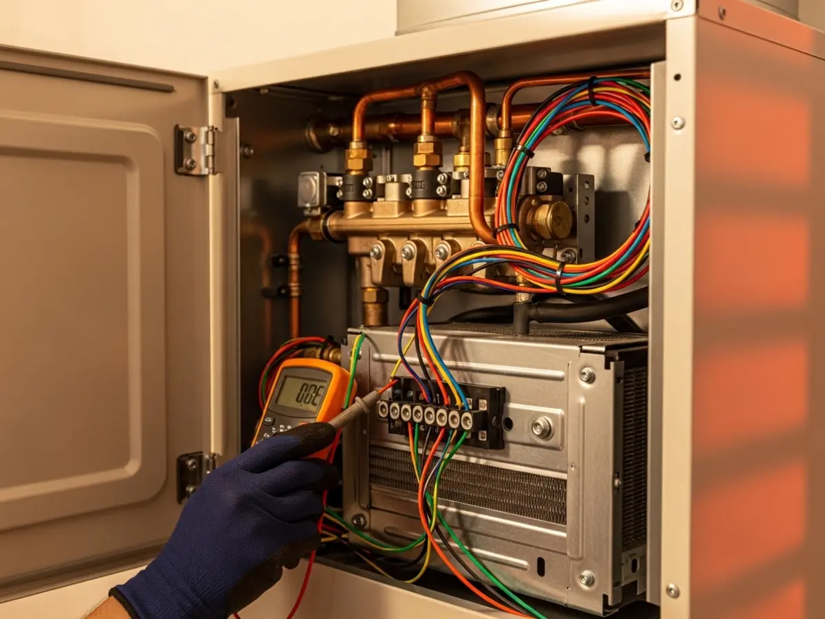 A detailed closeup of the open service panel of a modern gas furnace, revealing clean internal components, copper tubing, and wiring. A gloved hand delicately uses a multimeter, illuminated by warm natural light, suggesting professional repair.