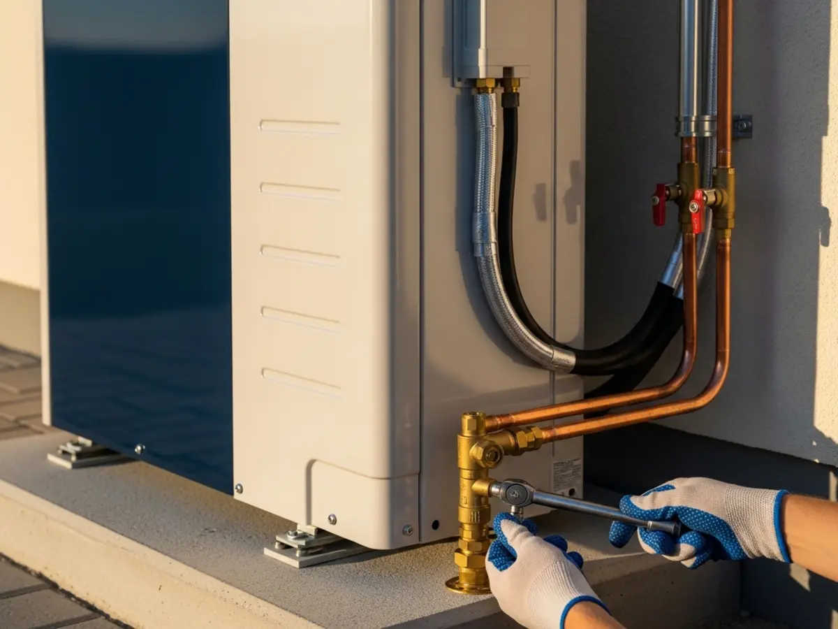 A professional, close-up photograph of a modern, white outdoor heat pump condenser unit, featuring meticulously installed copper refrigerant lines with brass valves. The unit sits on a clean concrete pad against a warm cream wall, bathed in soft golden hour light. A technician's gloved hands are visible, making a precise adjustment on a brass service valve. The image conveys high-quality installation and modern equipment for year-round comfort.