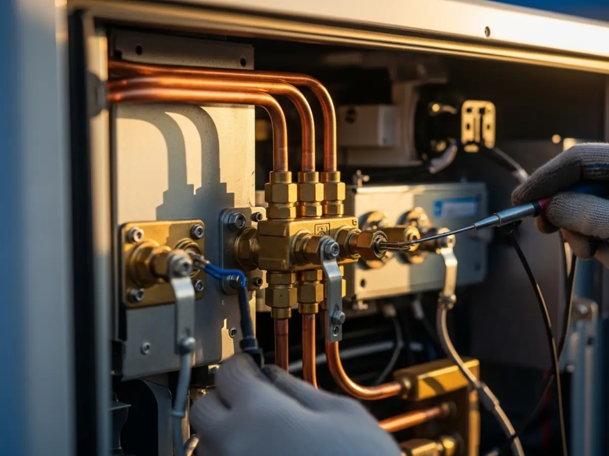A close-up professional photograph showing gloved hands performing precision work on the internal components of a modern outdoor heat pump. The image highlights clean copper refrigerant lines, polished brass valves, and electrical wiring, all illuminated by soft, warm golden hour light, suggesting expert heat pump repair.